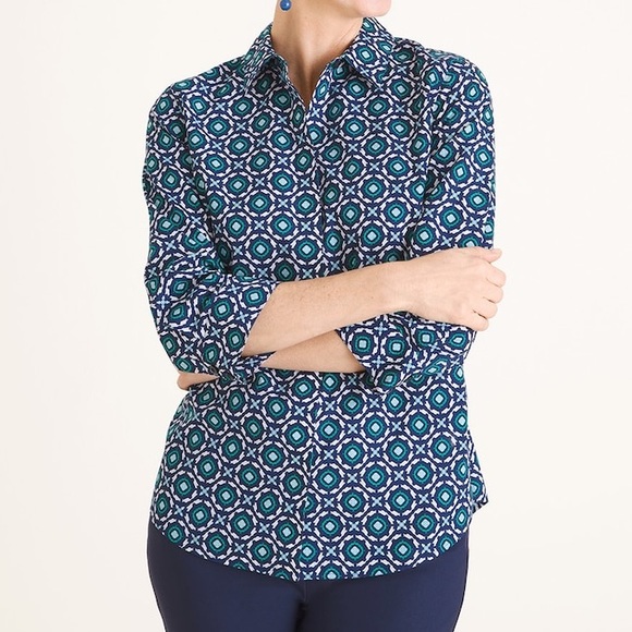 Chico's Tops - Chico’s Cotton No-Iron Square Print Shirt Sz 2 NWT